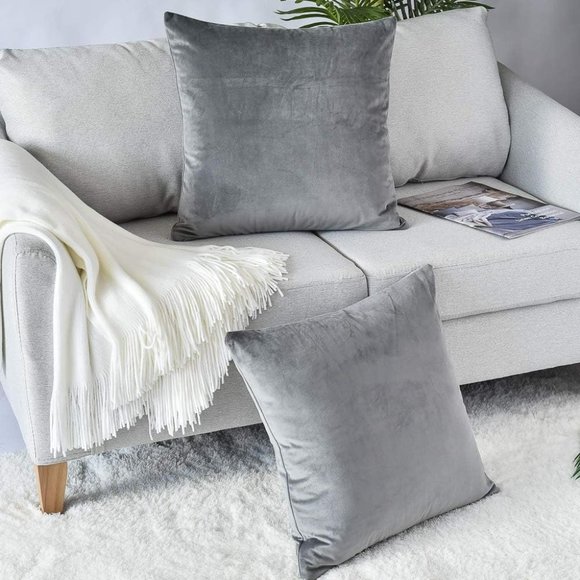 Set of 2 Gray Soft Velvet Pillow Covers Zip Grey Throw Pillows 18 Inch Square - Picture 2 of 10